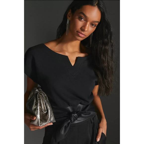 Anthropologie Faux Leather Waist-Tie Short Sleeve Cropped Top in Black, XS - Picture 2 of 12